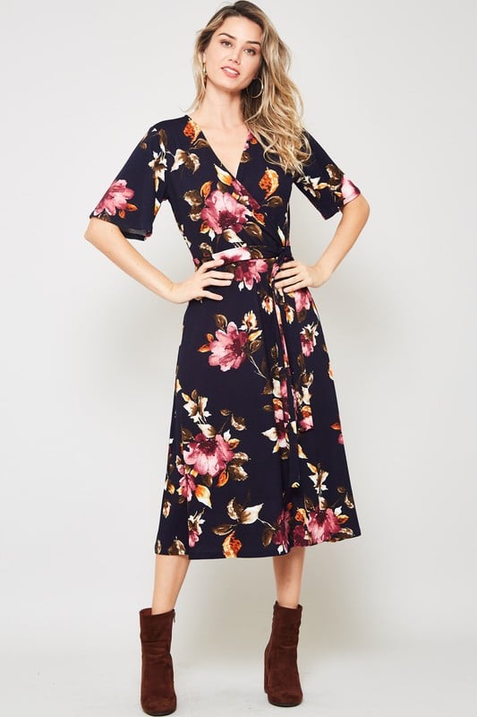 Navy Floral Crossover Midi – The Knee LengthFrock