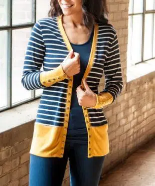 Navy/Mustard Stripe Snap Cardigan - Image 2