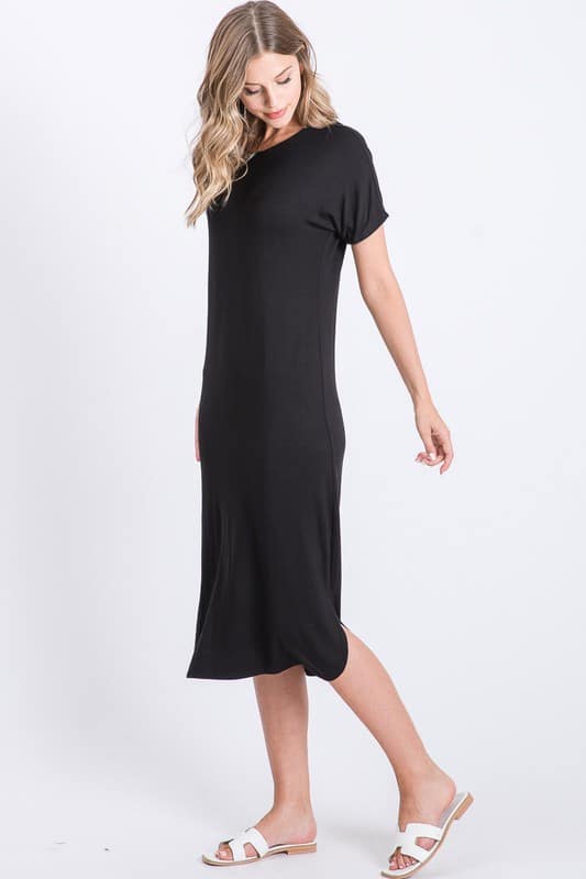 Solid black t-shirt dress with black binding – The Knee LengthFrock