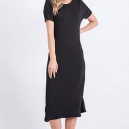 Solid black t-shirt dress with black binding