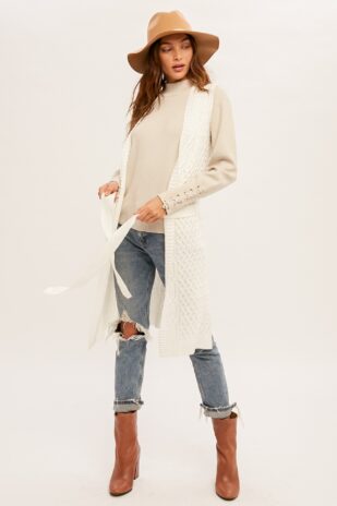 Cable Knit Belted Vest Cream