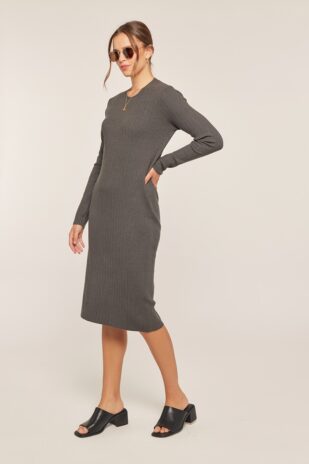 Ribbed Round Neck Sweater Dress Charcoal - Image 3