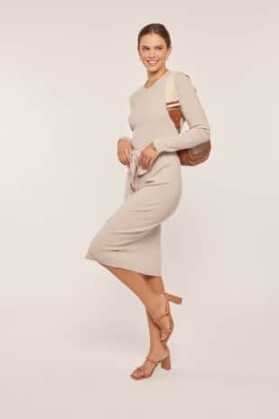 Ribbed Round Neck Sweater Dress Oatmeal - Image 3