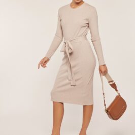 Ribbed Round Neck Sweater Dress Oatmeal