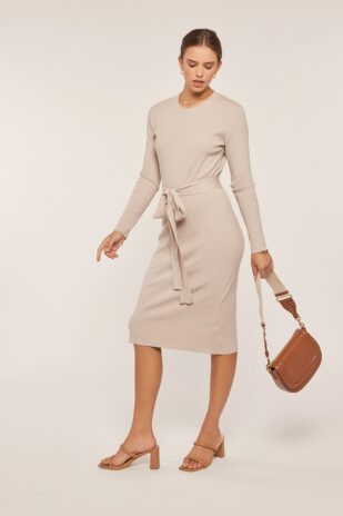 Ribbed Round Neck Sweater Dress Oatmeal