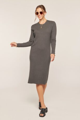 Ribbed Round Neck Sweater Dress Charcoal