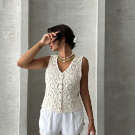 Crocheted Floral Ecru Button Vest