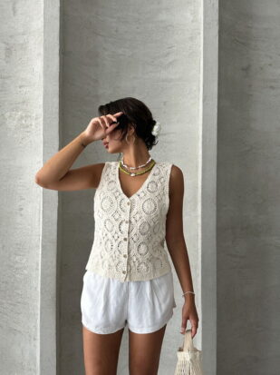 Crocheted Floral Ecru Button Vest