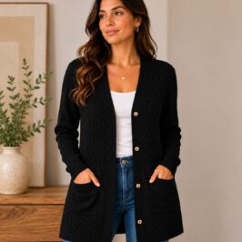 Long Black Cardigan With Gold Buttons